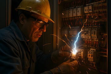 Engineer adjusting electric relay panel as blue current sparks between contacts inside maintenance room
