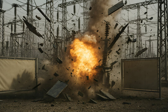 Large explosion in outdoor power station during fault scenario sending debris and fire outward from electrical equipment