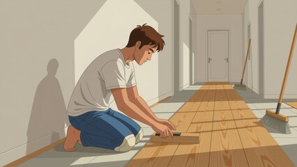 Worker installing hardwood flooring, short brown hair, white t-shirt, blue pants, kneeling on wooden floor. Concept of worker installing hardwood flooring with natural elements.