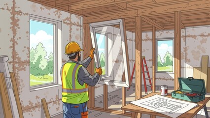 Worker installing new window with insulation in room under construction, holding measuring tape. Concept of worker installing new window in active construction site environment.
