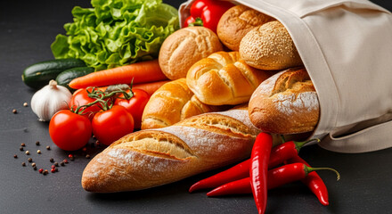 Assortment of fresh bread and vegetables in cloth bag, showcasing healthy eating and grocery shopping concept. Baguette, rolls, tomatoes, peppers, garlic, and lettuce displayed together