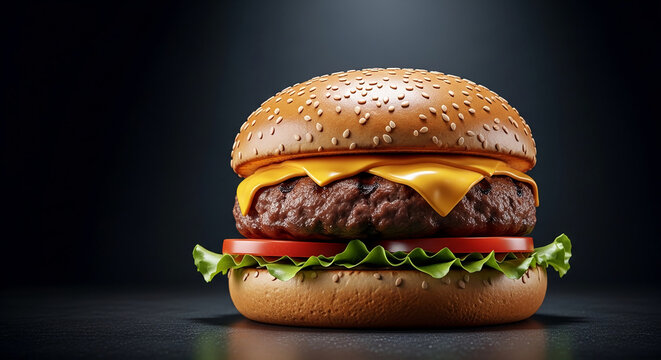 Juicy cheeseburger with sesame bun, lettuce, tomato, and melted cheese, showcased against a dark background, representing fast food, deliciousness, and appetite