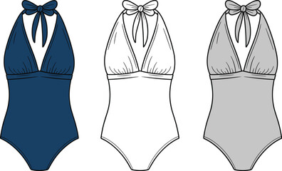CAD drawing flat vector illustration of stylish one-piece halter swimsuit design in three color options front view fashion template