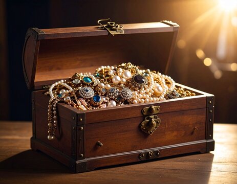 Generated image - Vintage wooden jewelry box full of pearls and golden jewelries on top of a table in afternoon sunset light