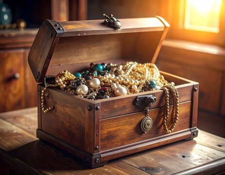 Generated image - Vintage wooden jewelry box full of pearls and golden jewelries on top of a table in afternoon sunset light