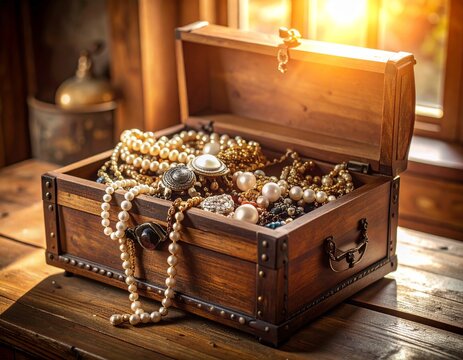 Generated image - Vintage wooden jewelry box full of pearls and golden jewelries on top of a table in afternoon sunset light