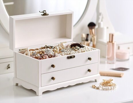 Generated image of an elegant white wooden jewelry box full of jewelry, on top of the vanity table, in the background mirror and make-up tools