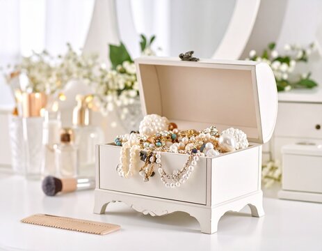 Generated image of an elegant white wooden jewelry box full of jewelry, on top of the vanity table, in the background mirror and make-up tools