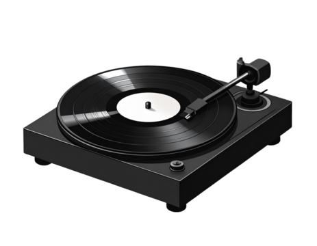 Flat Vector Silhouette of Vinyl Record Player with Stylized Disc and Tonearm, Isolated on Transparent Background