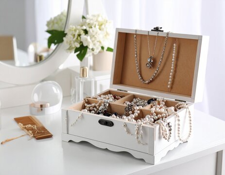 Generated image of an elegant white wooden jewelry box full of jewelry, on top of the vanity table, in the background mirror and make-up tools, natural daylight