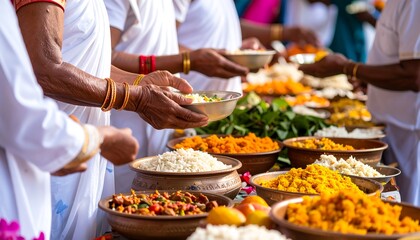 Many hands reach for communal food
