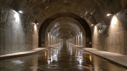 Naklejka premium Concrete walls of a newly built road tunnel with wet surfaces.