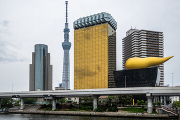 Tokyo's skyline features modern buildings Sky Tree, Asahi Beer Hall with golden flame sculpture, and offices along the Sumida River, showcasing Japan's modern architecture.