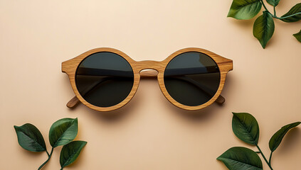 A stylish pair of eco-friendly wooden sunglasses with round frames and dark-colored lenses, displayed on a minimalist beige background decorated with fresh green leaves for a natural aesthetic.