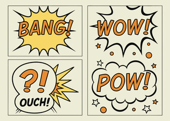 Retro Comic Book Style Speech Bubbles with Exclamations like Bang Wow Pow and Ouch in Orange