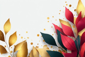 Gold and red leaves on a white background with gold splatters.