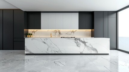 Modern black and white kitchen with gold accents and marble surfaces, embodying sleek elegance in a culinary space
