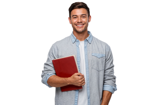 Smiling young male elementary school teacher holding a book, isolated on white or transparent background