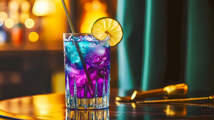 A stunning, colorful cocktail garnished with a lime slice on a polished bar A vibrant, colorful cocktail with a lime wedge garnish sits on a bar. The drink has shades of blue and purple with ice.