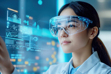 Innovative scientist using augmented reality glasses to interact with holographic display, showcasing data analysis and futuristic technology in modern laboratory environment