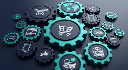 Interlocking teal and dark-grey gears showcase e-commerce processes, symbolizing online business workflow and global connectivity