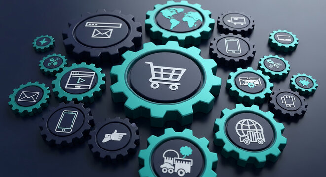 Interlocking teal and dark-grey gears showcase e-commerce processes, symbolizing online business workflow and global connectivity - Powered by Adobe