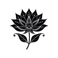 Elegant decorative black and white lotus flower with dots and leaves