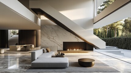 Modern Villa Interior With Marble Fireplace And Geometric Design
