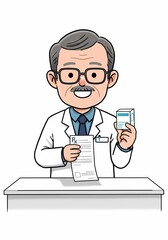 Smiling Doctor Holding Medication and Prescription at Desk
