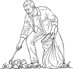 Line Art Illustration of a Man Picking Up Trash for Environmental Cleanup.