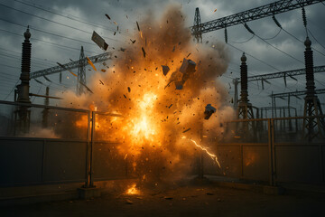 Huge explosion erupts inside outdoor power substation sending fire and debris through metal structures during critical failure