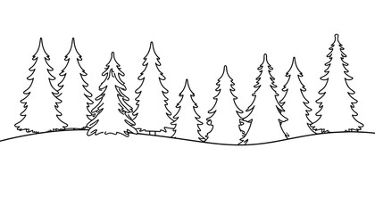 Outline of pine trees on a hill for coloring page concept  