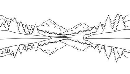 Fototapeta premium Scenic mountain landscape with reflections for coloring page 