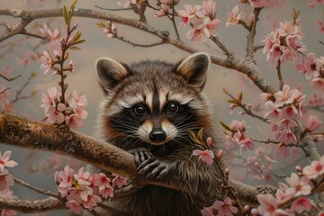 Fototapeta premium Adorable raccoon clinging to a cherry blossom branch in full bloom, enjoying the beauty of nature