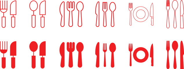 Minimalist restaurant icons, fork and knife silhouettes, plate symbols, geometric food service logos,vector illustration style