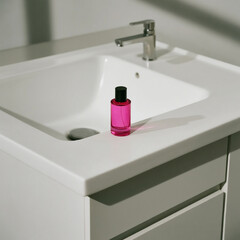 Minimal Neon Pink Perfume Bottle on White Table with Clean Aesthetic