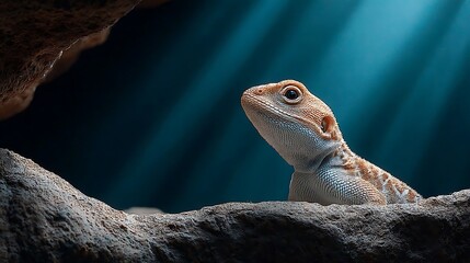 A captivating close-up of a lizard perched on a rock illuminated by gentle rays of light creating depth.