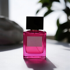 Minimal Neon Pink Perfume Bottle on White Table with Clean Aesthetic