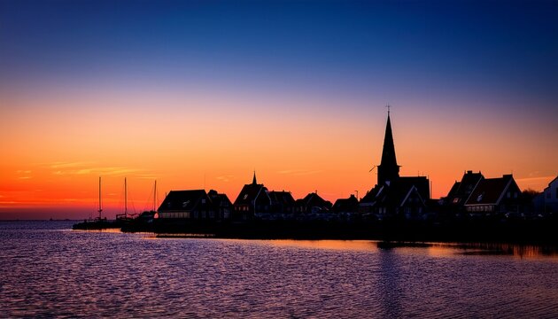 coastal town silhouette at dusk hindeloopen