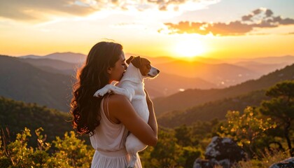 Obraz premium Woman holds dog, sunset views, mountains