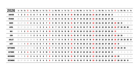 Year 2026 wall calendar with aligned dates, in French. One page timeline, linear and horizontal, France