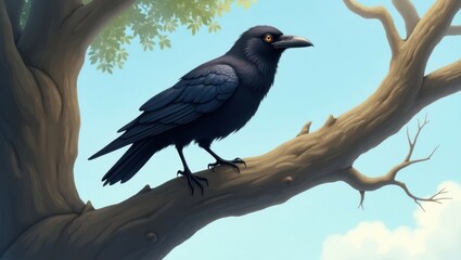 Obraz premium Raven perched on a tree branch against a light blue sky