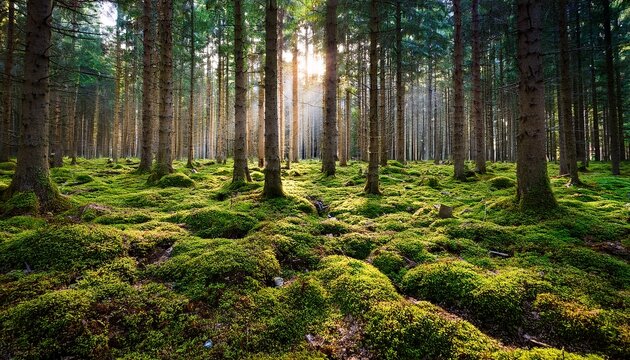 fir forest with ground covered in moss icm abstract photo effect