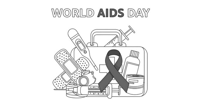 World aids day awareness with red ribbon and medical supplies including first aid kit thermometer bandages and syringes isolated on transparent background