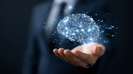 Business professional holding a glowing digital brain, representing artificial intelligence and innovation in technology