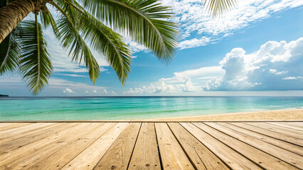 Abstract blurred gradient background with dynamic colors, featuring a serene beach shoreline and clear blue ocean water.