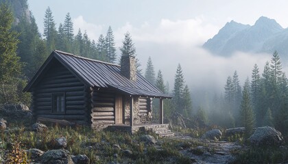Rustic Cabin In A Misty Mountain Forest