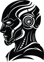 Illustration of a black and white robot head with intricate mechanical details