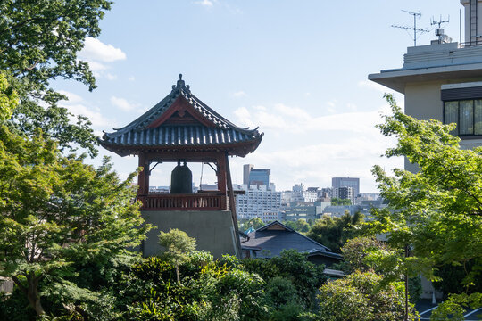 Temple bell tower rises amidst greenery overlooking city buildings. These bells mark time and are a symbol of Buddhist temples, dating back centuries. A cultural landmark in modern Tokyo.