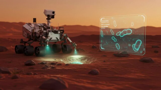 Mars rover analyzing extraterrestrial life form in a crater on the red planet surface. Space exploration footage.